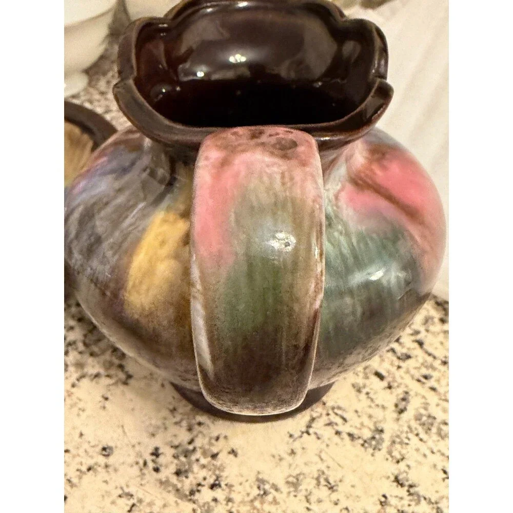Japanese Creamer Pitcher and Bowl Iridescent Drip Glaze MCM Vintage